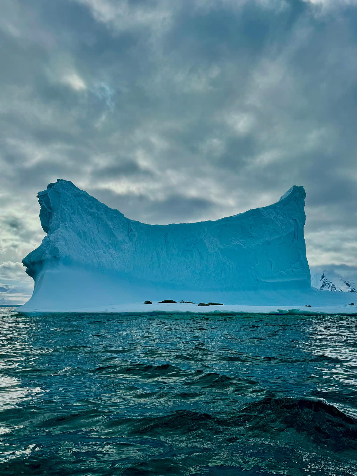 Blue iceberg rising above dark Antarctic water