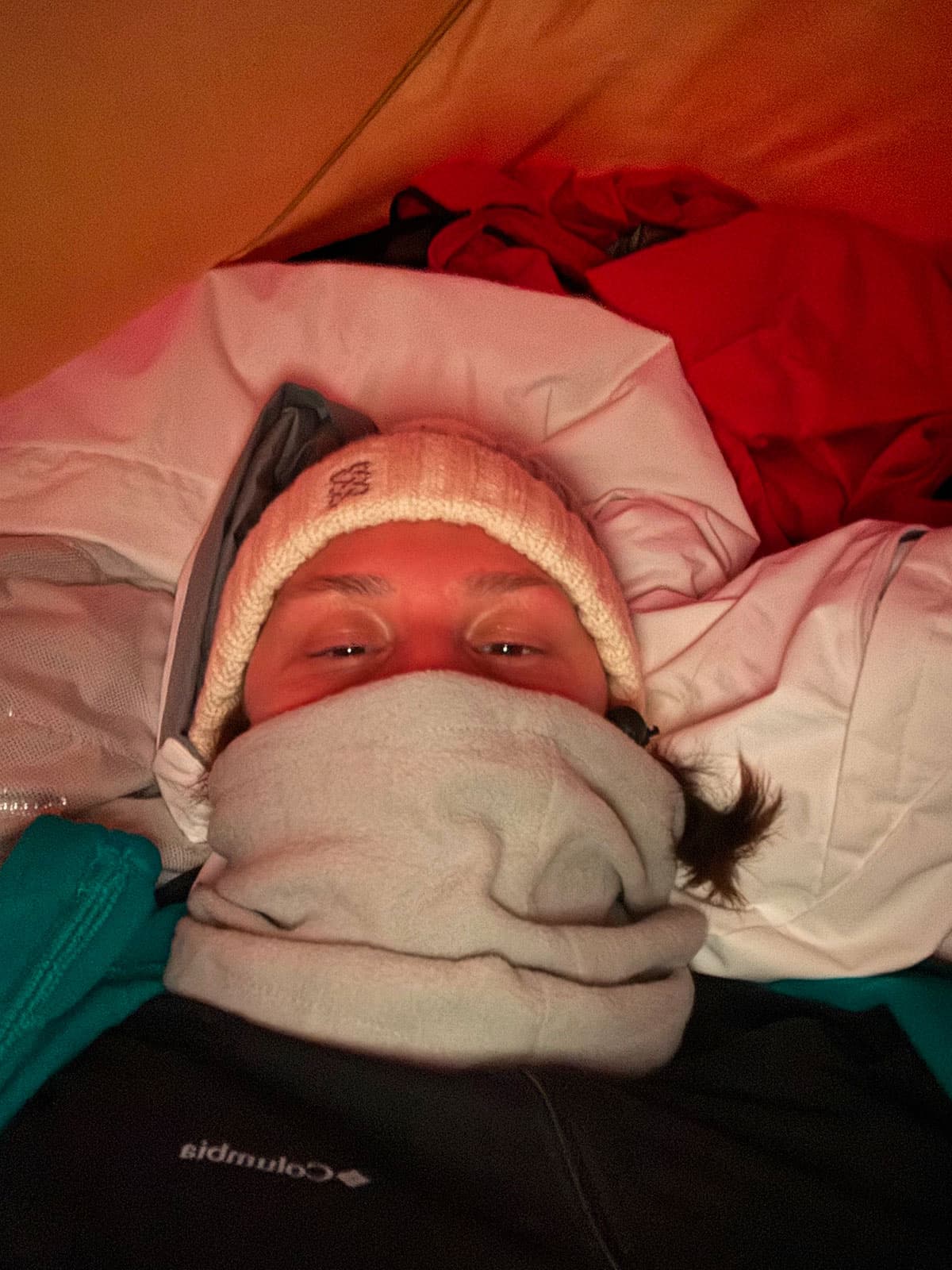 Jennifer bundled inside a sleeping bag during an Antarctic overnight camp