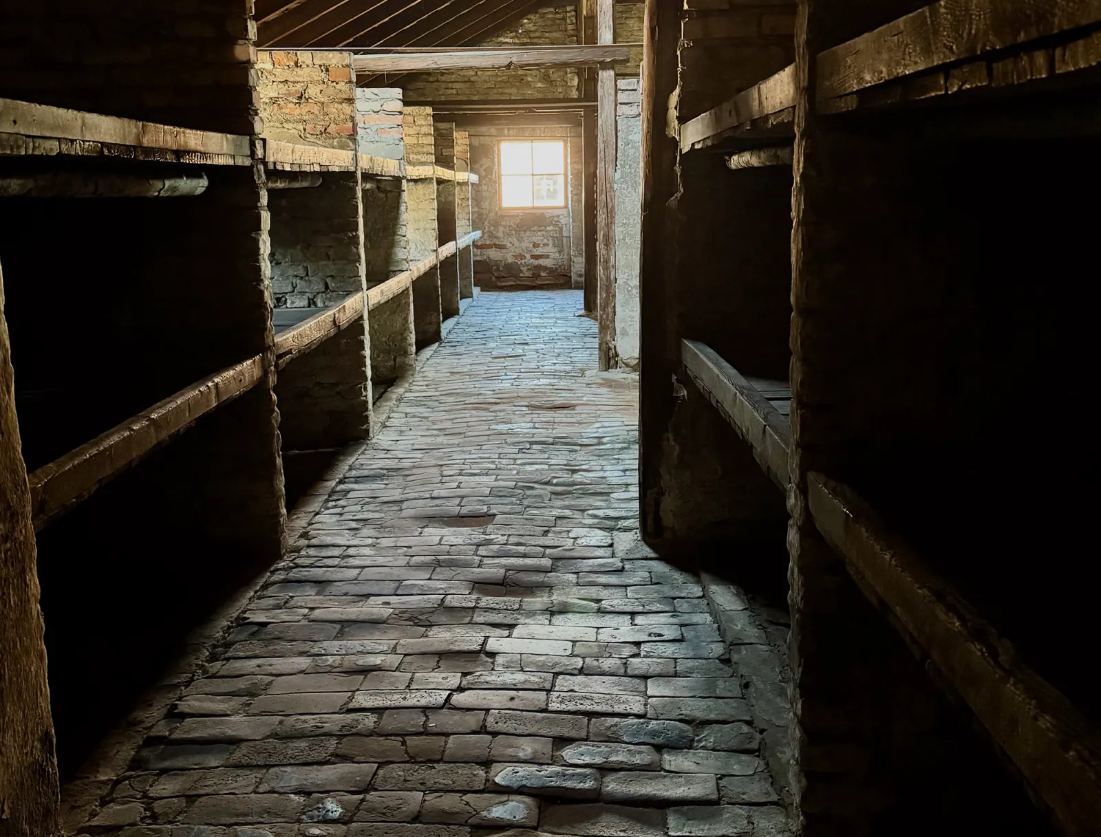 Rough wooden sleeping tiers lining a preserved prisoner barrack at Auschwitz II-Birkenau