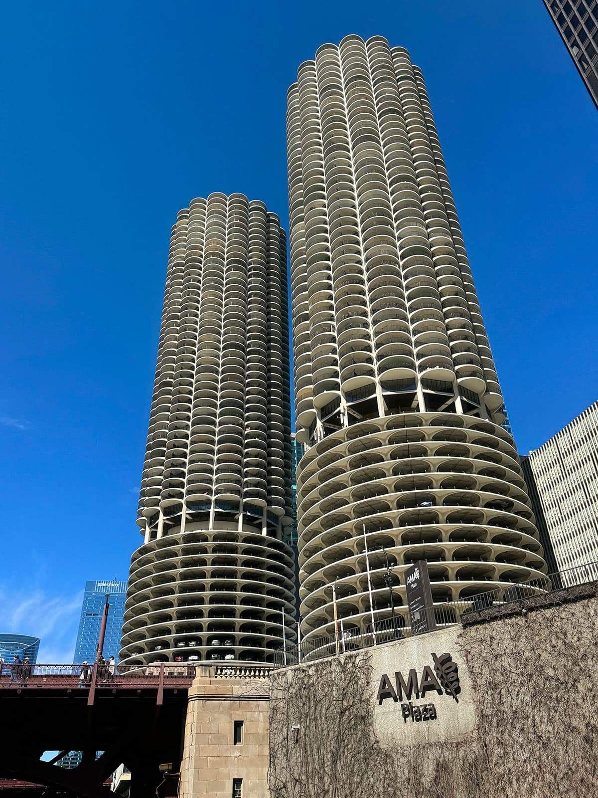Marina City's twin towers viewed from below